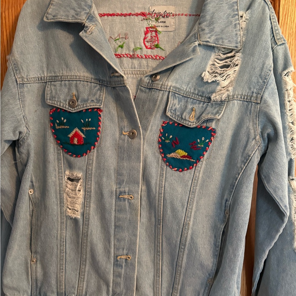 Love Tree Denim Jacket with Vintage Wool Handstiched Patches
